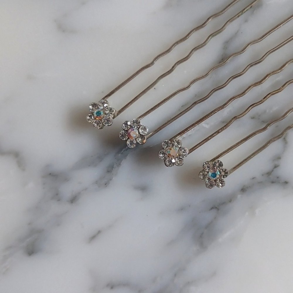 Extra long Hair Pins Crystal flower silver tone Hair Pins set of 4 formal bridal